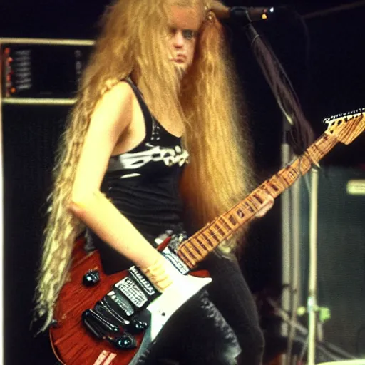 Prompt: 19-year-old women holding electric guitars, long shaggy blonde hair, permed hair, New Wave of British Heavy Metal, live in concert, concert footage, Great Britain, 1981 photograph, 16mm photography