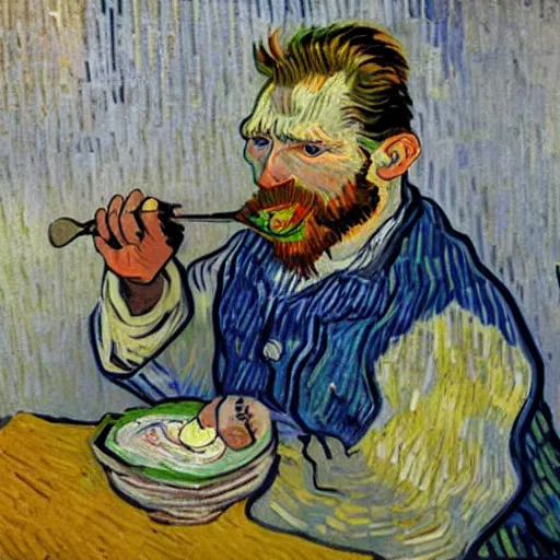 Image similar to french guy eating yogurt, painting, artwork by van gogh