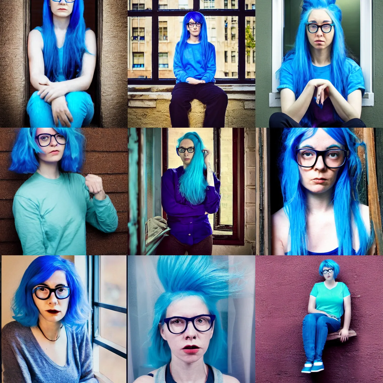 Prompt: a woman with blue hair and glasses sitting in front of a window with her hands on her hips and looking at the camera with a serious look on her face, a colorized photo by seuss dr, trending on pinterest, verdadism, seapunk, hd, colorized