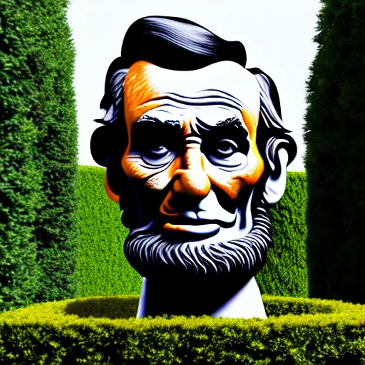 Prompt: a hedge bush masterfully shaped like Abe Lincoln in the center of a hedge maze, 4k, realistic lighting, realistic shadows, unreal engine, ultra high detail, smug mood