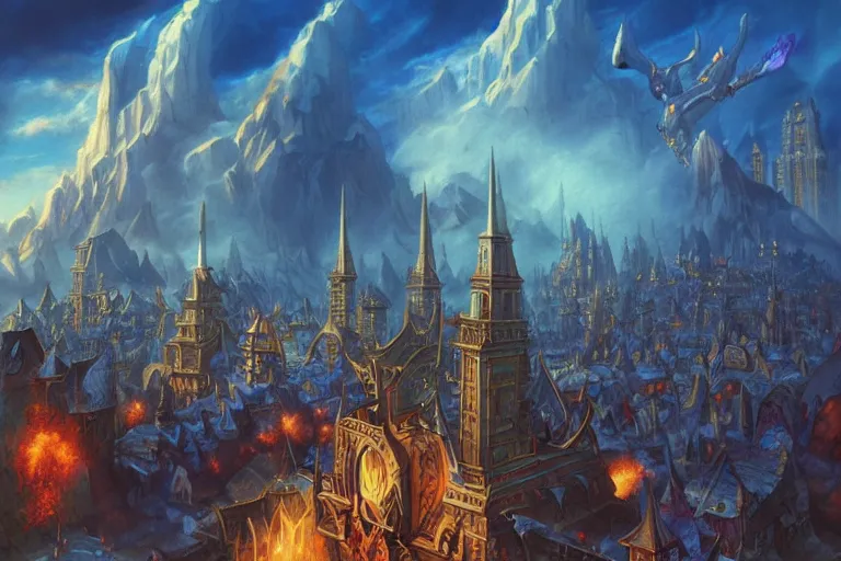 Image similar to The city of Stormwind from World of Warcraft,art by Boris Vallejo and Alan Lee,trending on artstation, disproportionate lighting isometric view,synthwave ,league of legends ,surrealism ,sharpness applied