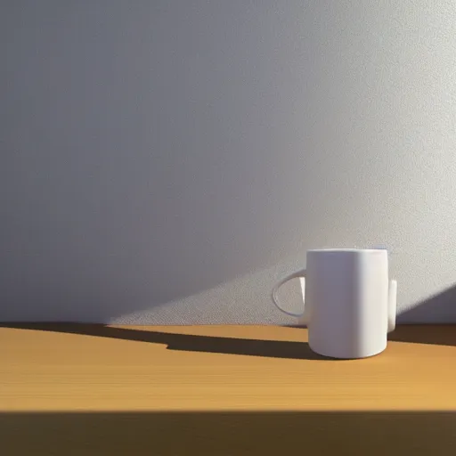 Image similar to White mug, hyperrealism, diffuse shadows, colored lighting, unreal engine 5 tech demo, octane render, Frank Lloyd Wright ((Studio Ghibli))