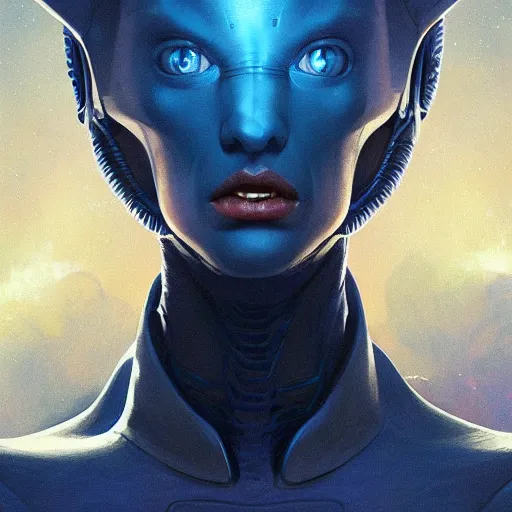 Image similar to portrait of a blue alien wearing a tight and smooth space suit, intimidating, intricate, headshot, highly detailed, digital painting, artstation, concept art, sharp focus, cinematic lighting, illustration, art by artgerm and greg rutkowski, alphonse mucha, cgsociety