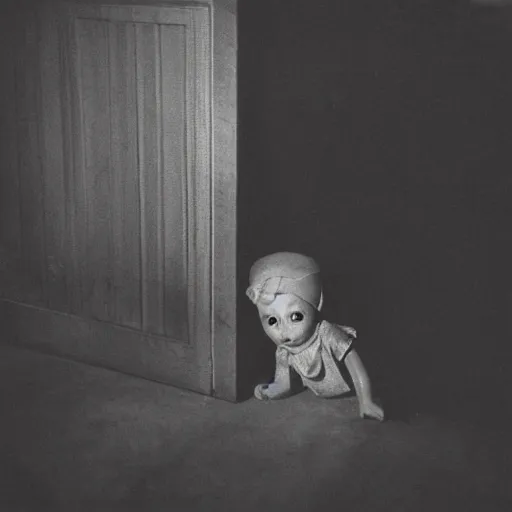 Image similar to creepy vintage doll peeking around corner in darkly lit basement photo by william mortensen