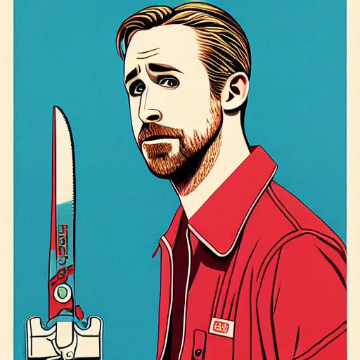 Prompt: realistic portrait of ryan gosling as a soviet mechanic, with a huge wrench, futuristic, highly detailed, 8 0 - s style poster, sharp focus, illustration, art by kawase hasui,