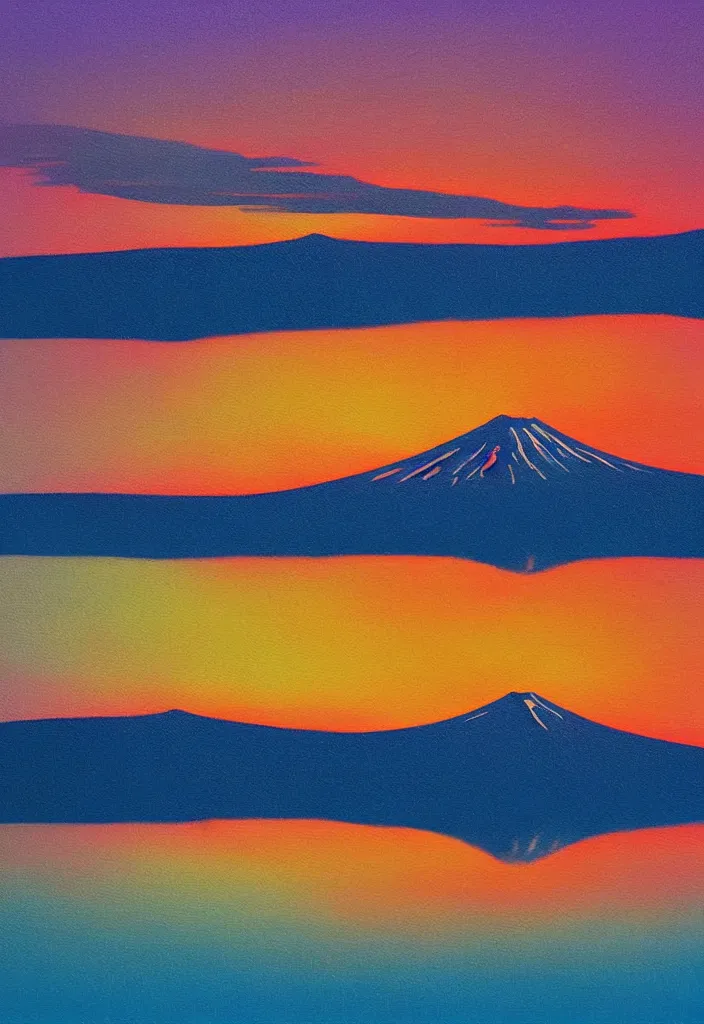 Prompt: mount fuji reflected on the lake surface at sunset, isolated on minimalist white acrylic base coat, acrylic airbrush collagepainting by jules julien, leslie david and lisa frank, muted colors with minimalism, neon color mixed media painterly details, neo - classical composition, rule of thirds, design tension, impactful graphic design