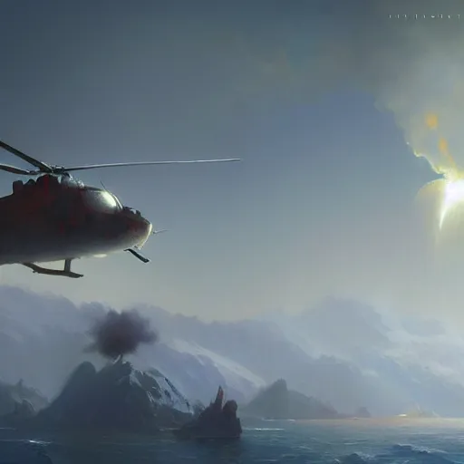 Image similar to a spy doing his mission flying in a helicopter while explosion in the background particles dusty explosion fog made by ivan aivazovsky, peter mohrbacher, greg rutkowski volumetric light effect broad light oil painting painting fantasy art style sci - fi art style realism premium prints available artwork unreal engine