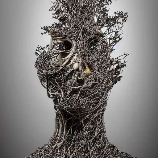 Image similar to a human man statue stuck in a cosmic tree, a sense of awe, amazement, monogon, plasma display, wooden, silver, mercury, damascus, armature wire, multiscopy, morph, in a symbolic and meaningful style, insanely detailed and intricate, hypermaximalist, elegant, ornate, hyper realistic, super detailed,