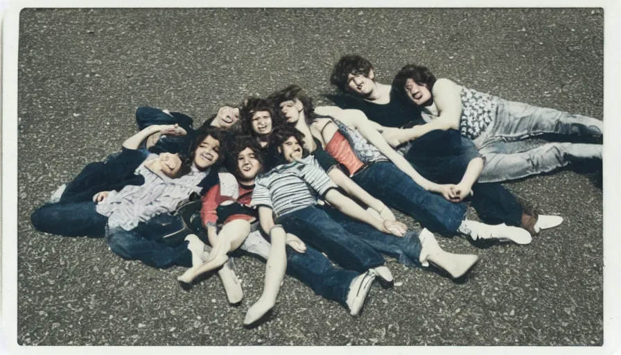 Prompt: A burnt! polaroid photograph of some 70s teenagers lays on the ground