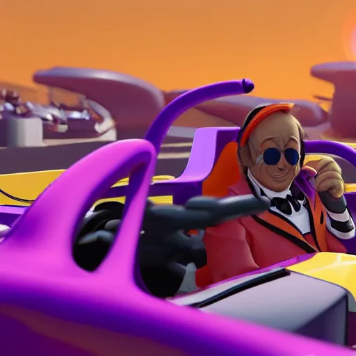 Image similar to willy wonka driving an f1 car with a pit crew of oompa loompas. Beautifully detailed. 8k. Cinematic lighting.