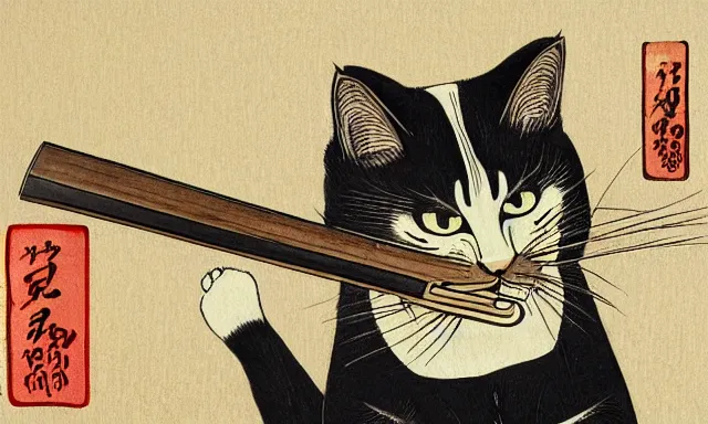 Prompt: cat smoking hash pipe with cannabis leaf background, in the style of utamaro, hiroshige, japanese woodblock, classical japanese art, traditional japanese art, kitty, cat, neko, weed, marijuana, cannabis, highly detailed, beautiful colors, award winning, dark, gritty, ink and watercolor