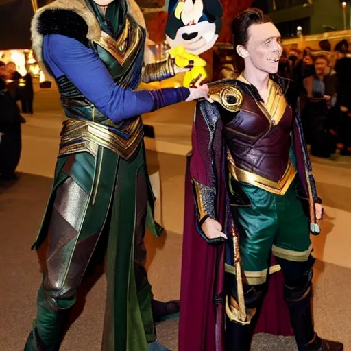 Image similar to Tom Hiddleston dressed as his character Loki and flirting with a skinny blonde woman wearing Mickey Mouse ears