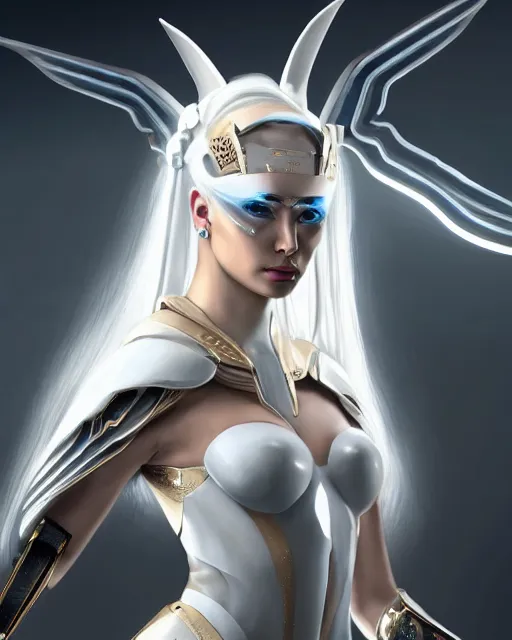 Image similar to perfect white haired attractive egyptian goddess with huge white dove wings, warframe armor, beautiful, symmetric, charlize theron, half asian, pretty face, blue eyes, cyborg, scifi platform, laboratory, experiment, 4 k, ultra realistic, epic lighting, android body, illuminated, cinematic, masterpiece, art by akihito tsukushi, voidstar