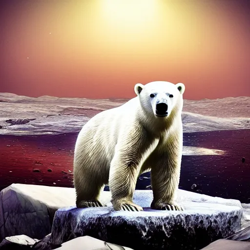 Image similar to polar bear on iceberg in mars drinking beer and have a beer can in hand, outer space, planet mars, photorealistic, high resolution,, trending on deviantart, hdr, hyper detailed, insane details, intricate, elite, ornate, dramatic lighting