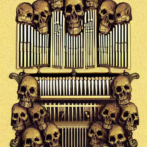 Image similar to a pipe organ made out of skulls, digital art, highly detailed, high quality, high resolution