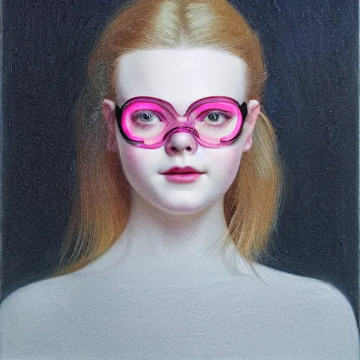 Prompt: Elle Fanning wearing a mask over her eyes in the style of Paola Vetri, head and shoulders portrait, stormy weather, extremely detailed masterpiece, oil on canvas, low-key neon lighting, artstation, Blade Runner 2049, Roger Deakin’s cinematography, by J. C. Leyendecker and Peter Paul Rubens and Edward Hopper and Michael Sowa,