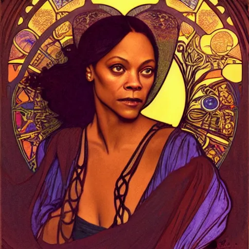 Image similar to zoe saldana portrait by louis - theophile hingre and alphonse mucha, realistic, sharp focus, zodiac signs, tarot cards, planets, ethereal, art nouveau, magic, moon, sun, crown, dreamy, royal, jewellery