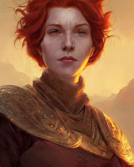 Prompt: the elder scrolls vi, charismatic rugged female redhead breton mage portrait, illustration, rim light, top light, perfectly shaded, golden hour, epic, intricate, soft painting, art by ross tran, krenz cushart and wenjun lin