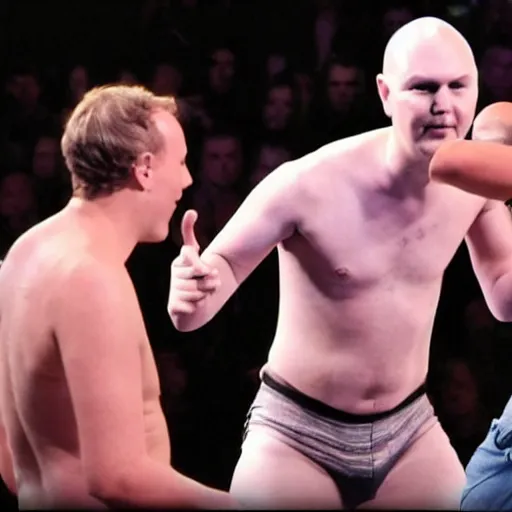 Image similar to billy corgan and mark zuckerberg fighting over a girl. both are very angry. billy goes over to mark and rips off his shirt. then billy throws mark in the ground and breaks his face and hands.