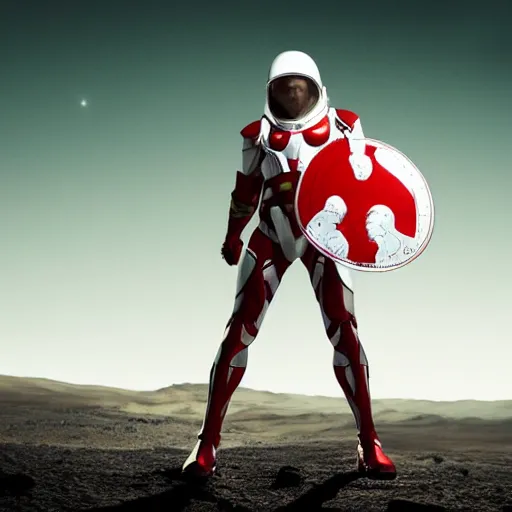 Image similar to portrait of a tall athletic muscular infantry man in glossy sleek white armor with tiny red details and a long red cape, heroic posture, on the surface of mars, night time, dramatic lighting, cinematic, sci-fi, hyperrealistic, movie still