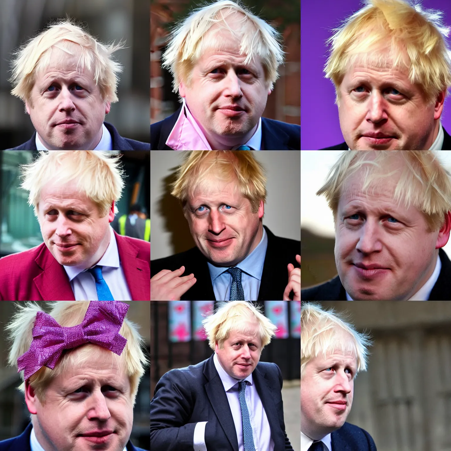 Prompt: boris johnson wearing a pretty pink sparkly bow on his head