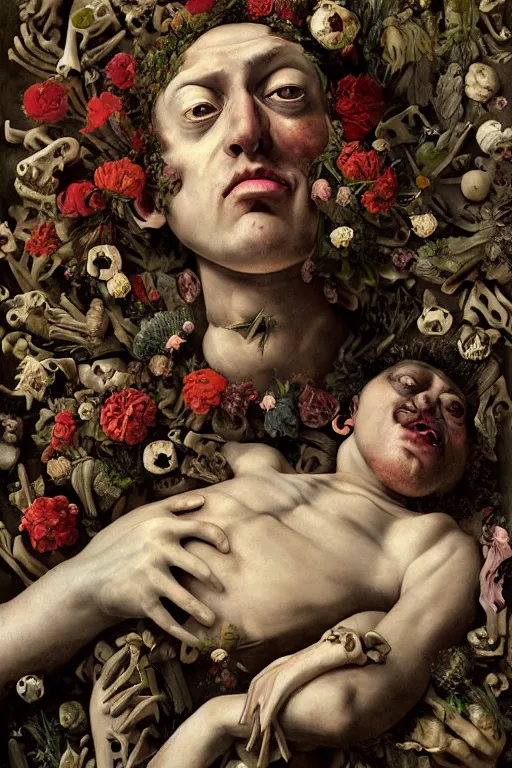 Prompt: a man with large eyes and lips laying in bed of bones of flowers, he feels an existential dread of love, fleshy muscles, HD Mixed media, highly detailed and intricate, surreal illustration in the style of Caravaggio, baroque dark art