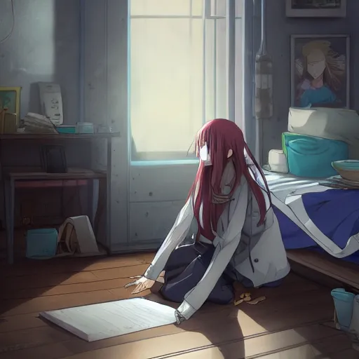 Prompt: concept art of the depressed student in her apartment, anime fantasy illustration by tomoyuki yamasaki, kyoto studio, madhouse, ufotable, trending on artstation