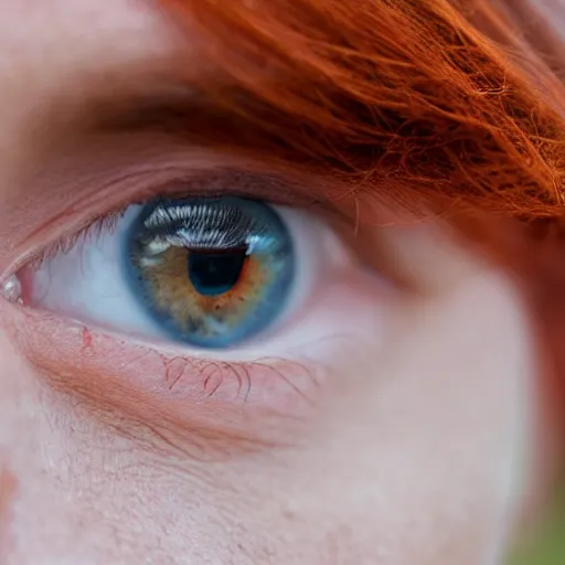 Prompt: close up portrait photo of the left side of the face of a redhead woman with blue eyes and big black round pupils who looks directly at the camera. Slightly open mouth, face covers half of the frame, with a park visible in the background. 135mm nikon. Intricate. Very detailed 8k. Sharp. Cinematic post-processing. Award winning photography, steve mccurry