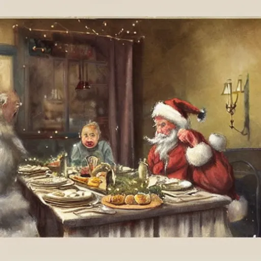 Image similar to (((((1950s cozy Christmas dinner with santa klaus . muted colors.))))) by Jean-Baptiste Monge !!!!!!!!!!!!!!!!!!!!!!!!!!!