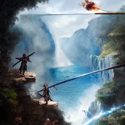 Prompt: two pirates having an intense sword fight in a rope bridge in front of a large waterfall, digital art, cinematic, vivid colors, elegant, sword duel, beautiful, epic, greg rutkowski, trending on art station