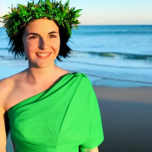 Image similar to A photo of a young woman standing on a beach wearing a green dress and a crown