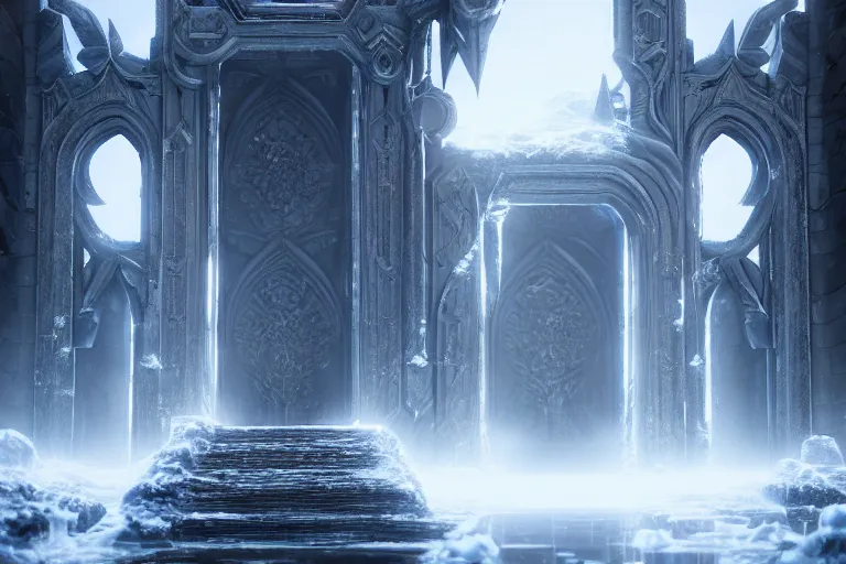 Image similar to a very detailed concept art of epic gates to frost, trending on artstation, symmetry, digital art, 4 k, hyper realistic, octane render, sharp focus