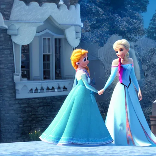 Prompt: Photograph. Film still. Anna and Elsa. Happy. Smiling. Outside the Castle. Sunny. Extreme quality. 4K.