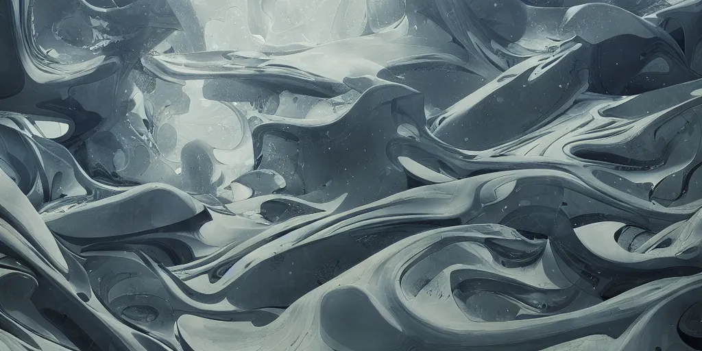 Prompt: landscape painting by james jean with zaha hadid architecture , redshift, octane