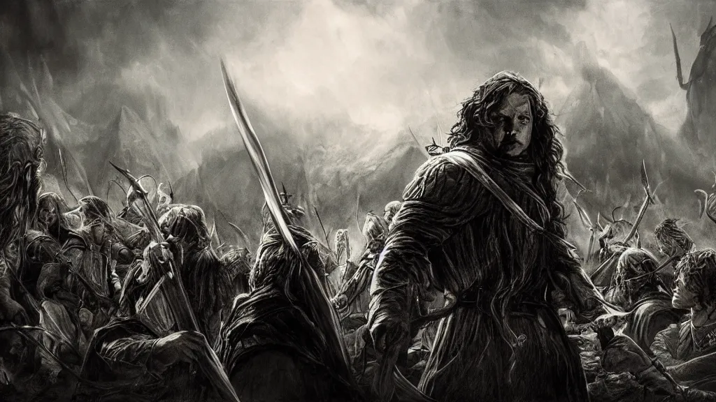 Image similar to Lord of the Rings Battlefield, dark fantasy artwork, award winning, devastated scene, studio light, artstation