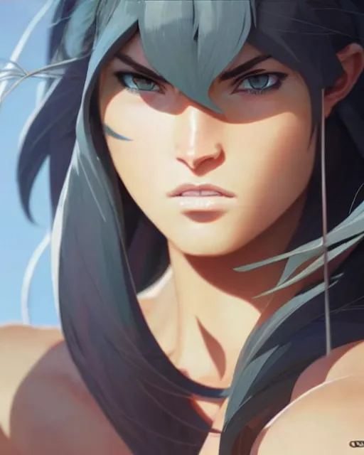 Image similar to azctec warrior, megan fox, detailed perfect face, exquisite details, fire magic, mid view, design on a white background, by studio muti, greg rutkowski makoto shinkai takashi takeuchi studio ghibli