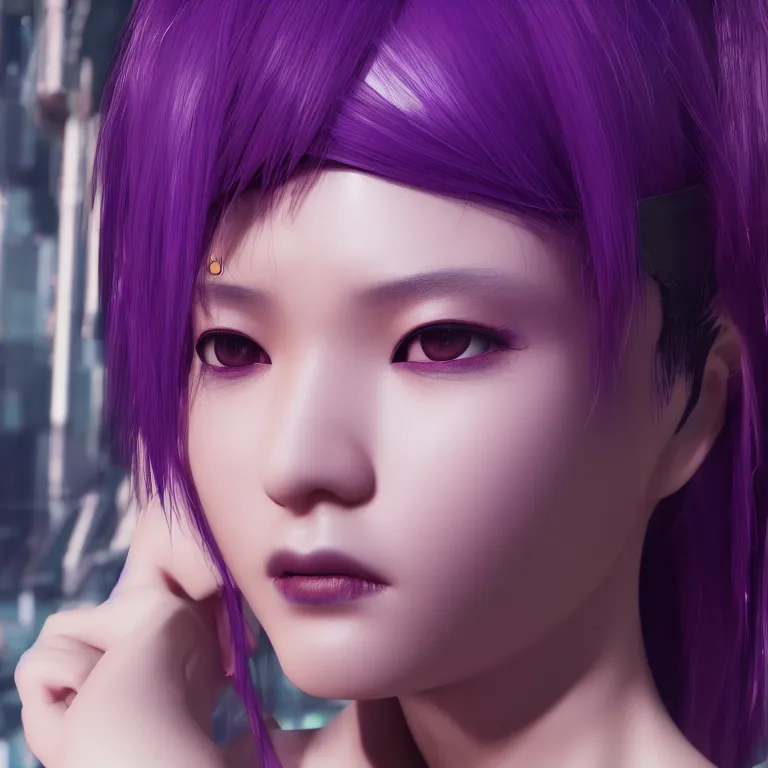 Image similar to Close up portrait of a young Asian Cyberpunk woman with dark purple hair, 3d render, Unreal Engine, octane render, ray tracing, Unity, highly detailed, high quality, HD, 4k, 8k, realistic, sharp, trending