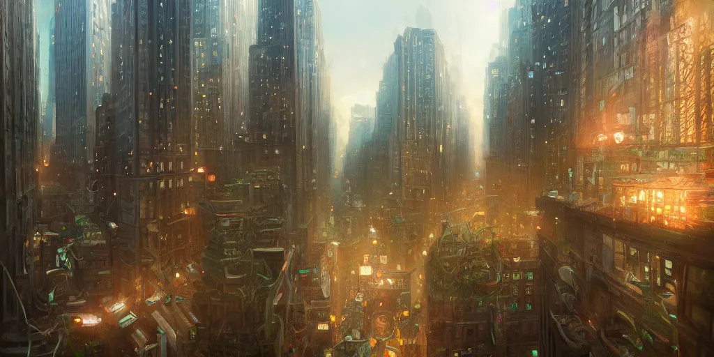 Image similar to vine - infested new york city, cinematic, stunning, elegant, highly detailed, digital painting, artstation, smooth, hard focus, illustration, art by jessica rossier and and brian froud