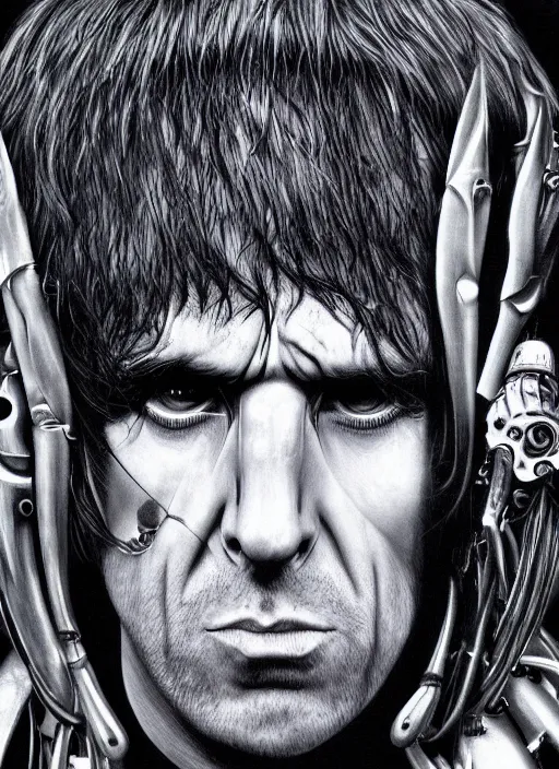 Prompt: Liam Gallagher by Yoshitaka Amano, by HR Giger, biomechanical, 4k, hyper detailed, hyperrealism, anime