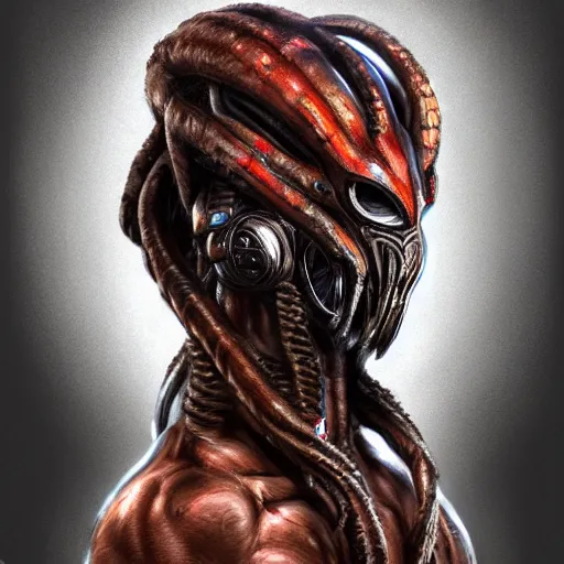 Image similar to predator redesign, portrait, highly detailed, dreadlocks, mandables, digital painting, trending on artstation, concept art, illustration