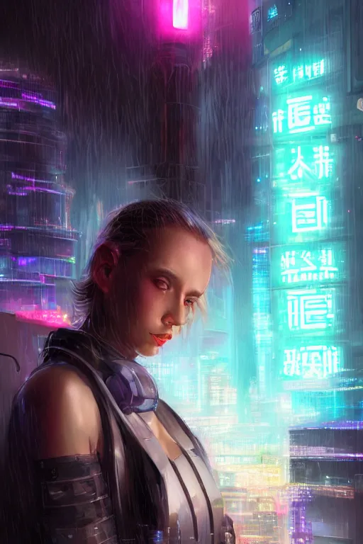 Image similar to portrait futuristic tawny cyberpunk young female Paladin, in futuristic heavily raindrop tokyo rooftop cyberpunk night, ssci-fi, fantasy, intricate, very very beautiful, elegant, neon light, highly detailed, digital painting, concept art, human anatomy, soft light, hdri, smooth, sharp focus, illustration, art by tian zi and craig mullins and WLOP and alphonse mucha