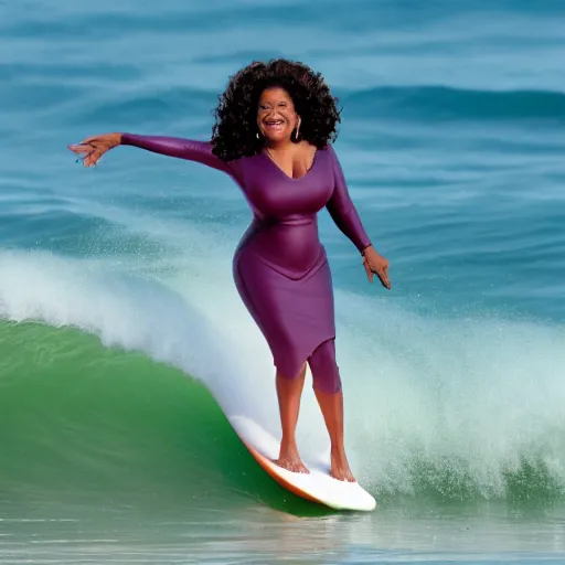 Image similar to oprah winfrey surfing in the ocean, photograph portrait, 4 k high definition photography