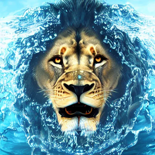 Image similar to a male lion's face breaching through a wall of water, headshot, water sprites, splashing, deep blue ocean, highly detailed, realistic digital art, trending on artstation