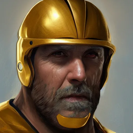 Image similar to a painted portrait of a middle-aged man in a golden suit, D&D, sci-fi, elegant, hopeful, muscular, highly detailed, digital painting, artstation, concept art, smooth, sharp focus, illustration