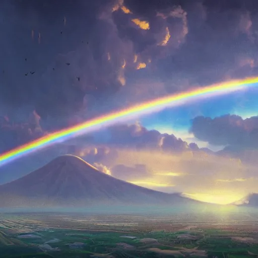 Prompt: a detailed matte painting of noah's ark landing on mount ararat, double rainbow in a clear blue sky, art by dan mumford and yusuke murata and makoto shinkai and ross tran, cosmic, heavenly, god rays, intricate detail, cinematic, 8 k, cel shaded, unreal engine, featured on artstation, pixiv