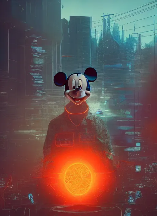 Image similar to giant destroyed head of cyberpunk mickey mouse surrounded by engineers, inside of abandoned netflix office, by beeple, dystopia, golden ratio, octane render, trending on artstation, 8 k