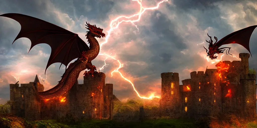 Image similar to A huge dragon flying over a medieval castle, fire, dark fantasy, stormy sky, volumetric lightning, digital art