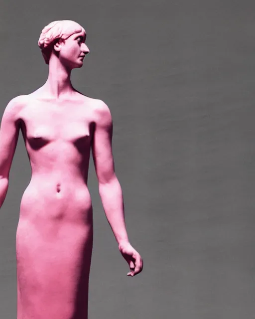 Prompt: a woman in a pink dress is posing for a photo, a marble sculpture by alexander mcqueen, featured on cg society, vorticism, genderless, androgynous, feminine