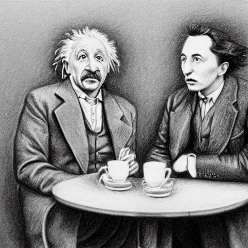 Image similar to Einstein and Tesla sitting at cafe, pencil drawing, ultra detailed