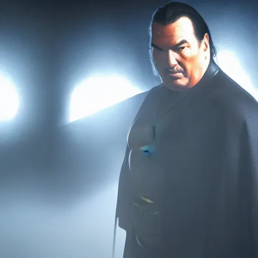 Image similar to from the movie a still of steven seagal as a fat batman, cinematic, studio lighting. god rays through fog. 4 k